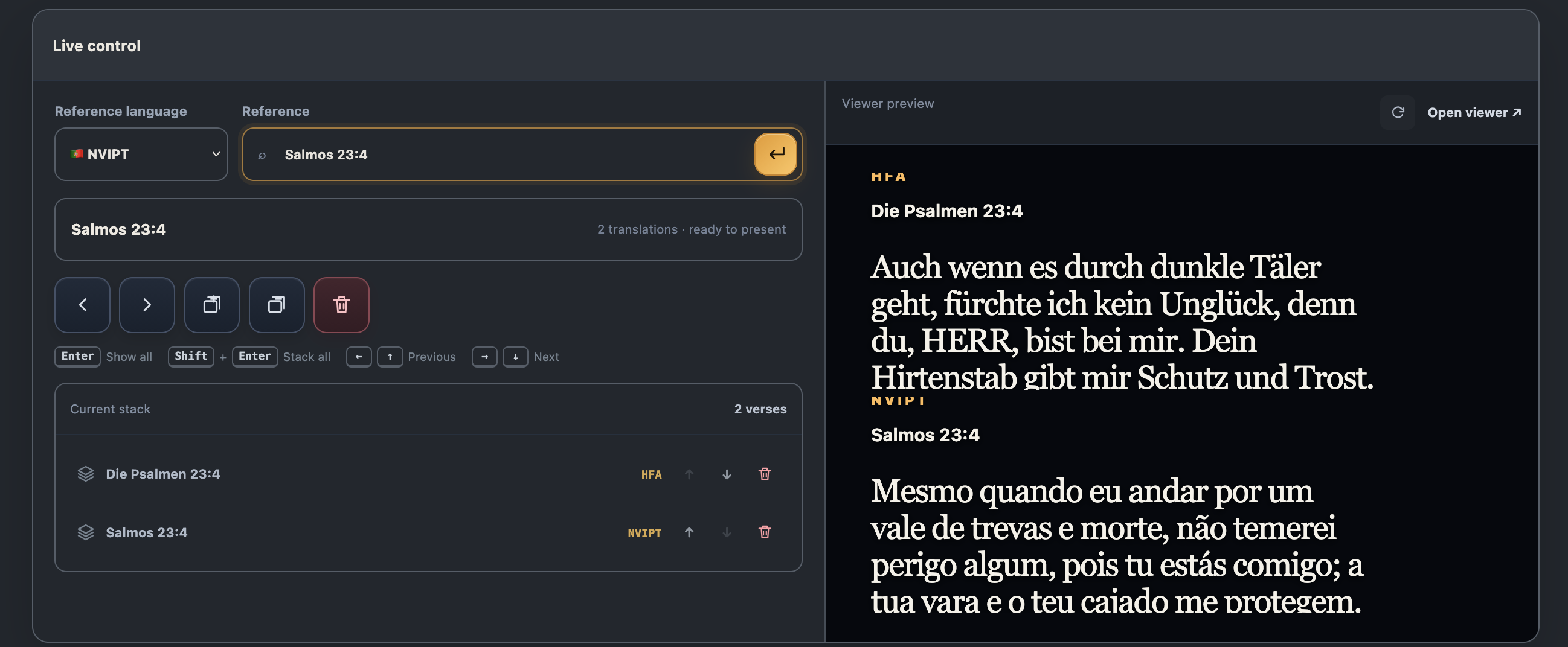 Bibleit Live controller showing the reference search, verse stack, and viewer preview